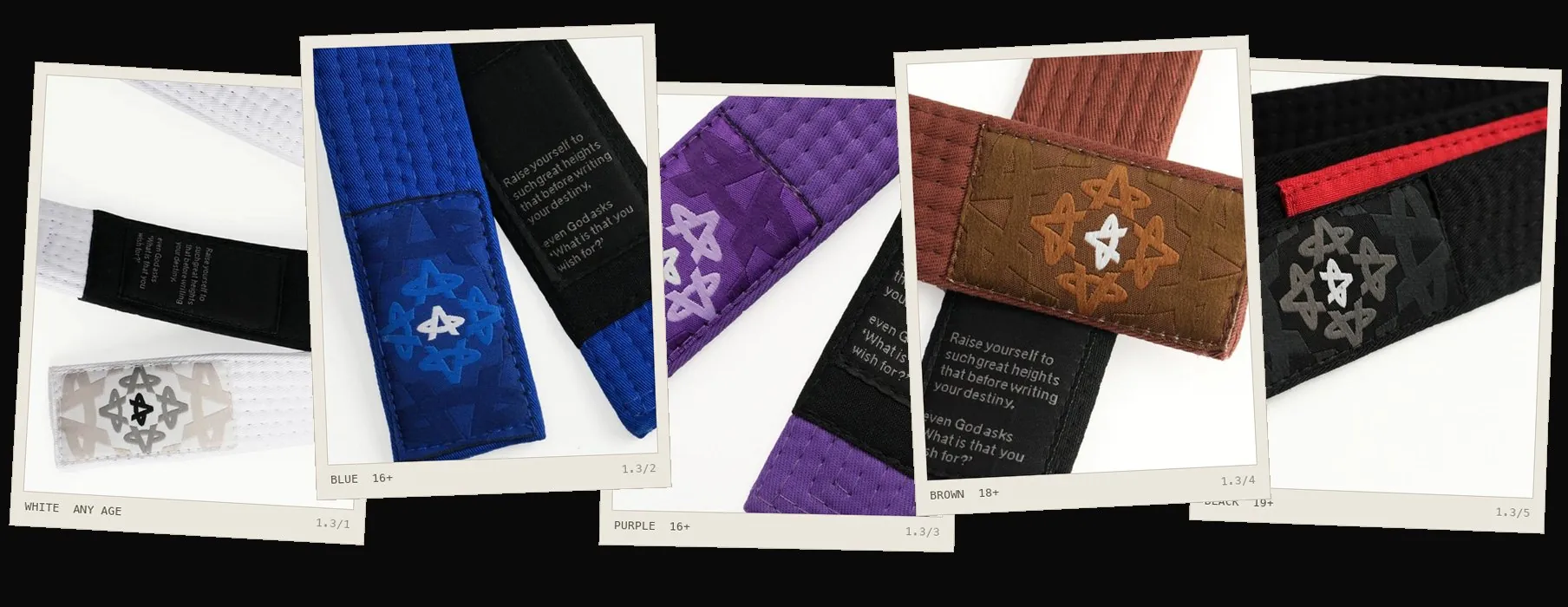 Five belts, white to black, photographed as prints.